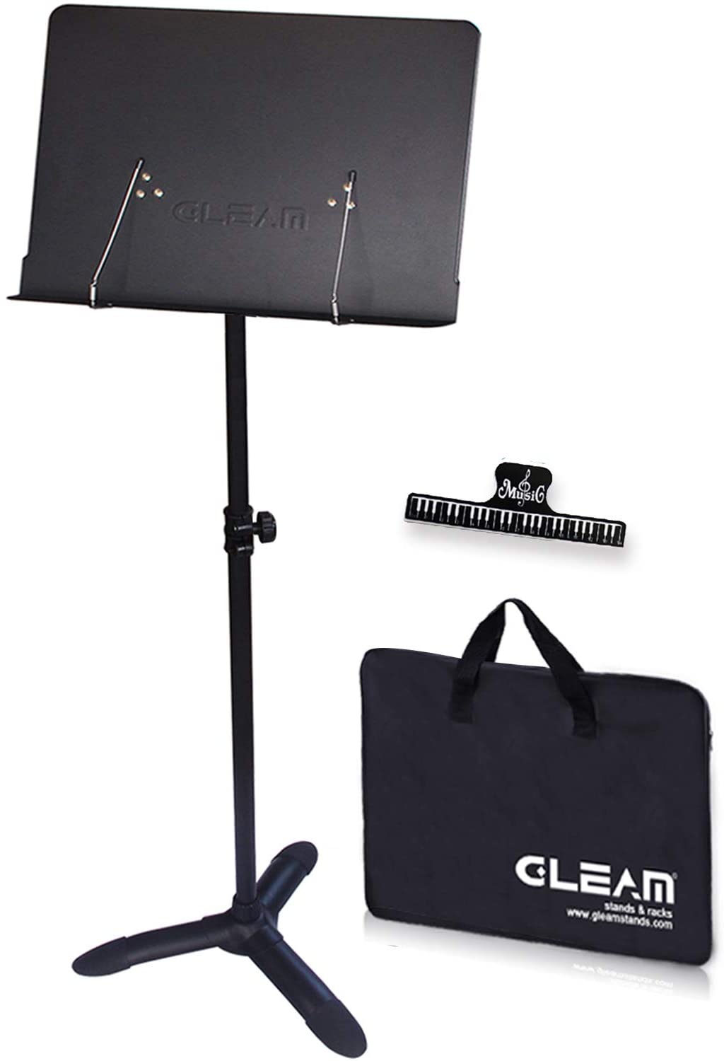 GLEAM Sheet Music Stand with Carrying Bag and Clip Holder - Metal Black 