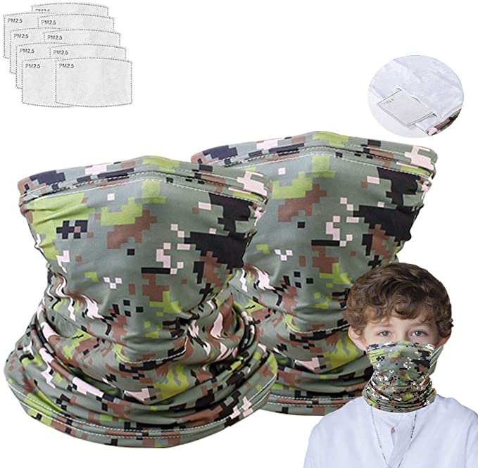 2 Neck Gaiter with 10 Pcs Mask Filters, Effective Protect Mouth and Nose, Multi Funtion for Running, Hiking, Sport Camouflage