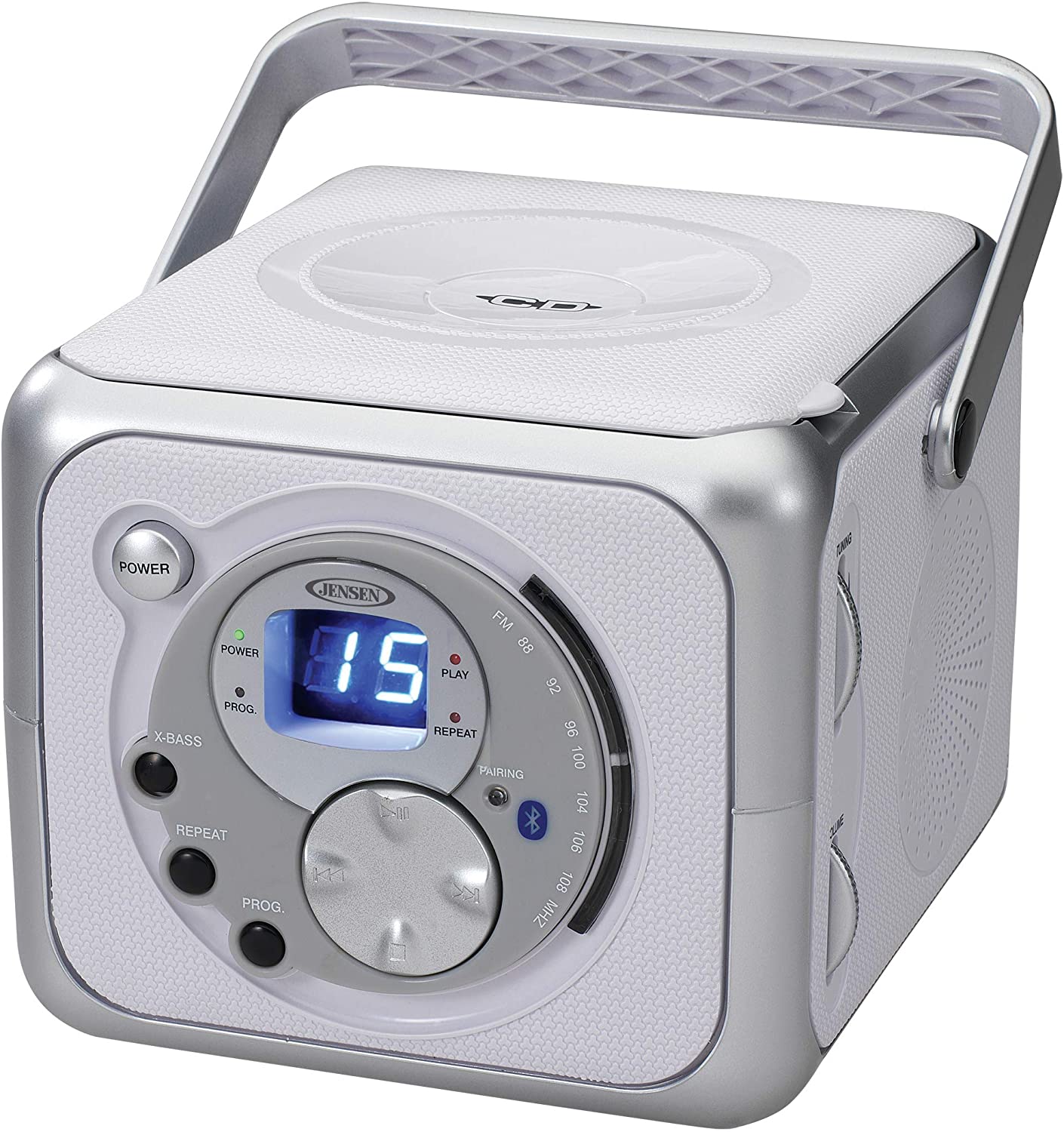 Jensen CD-555 White/Silver CD Bluetooth Boombox Portable Bluetooth Music System with CD Player +CD-R/RW & FM Radio with Aux-in & Headphone Jack Line-In