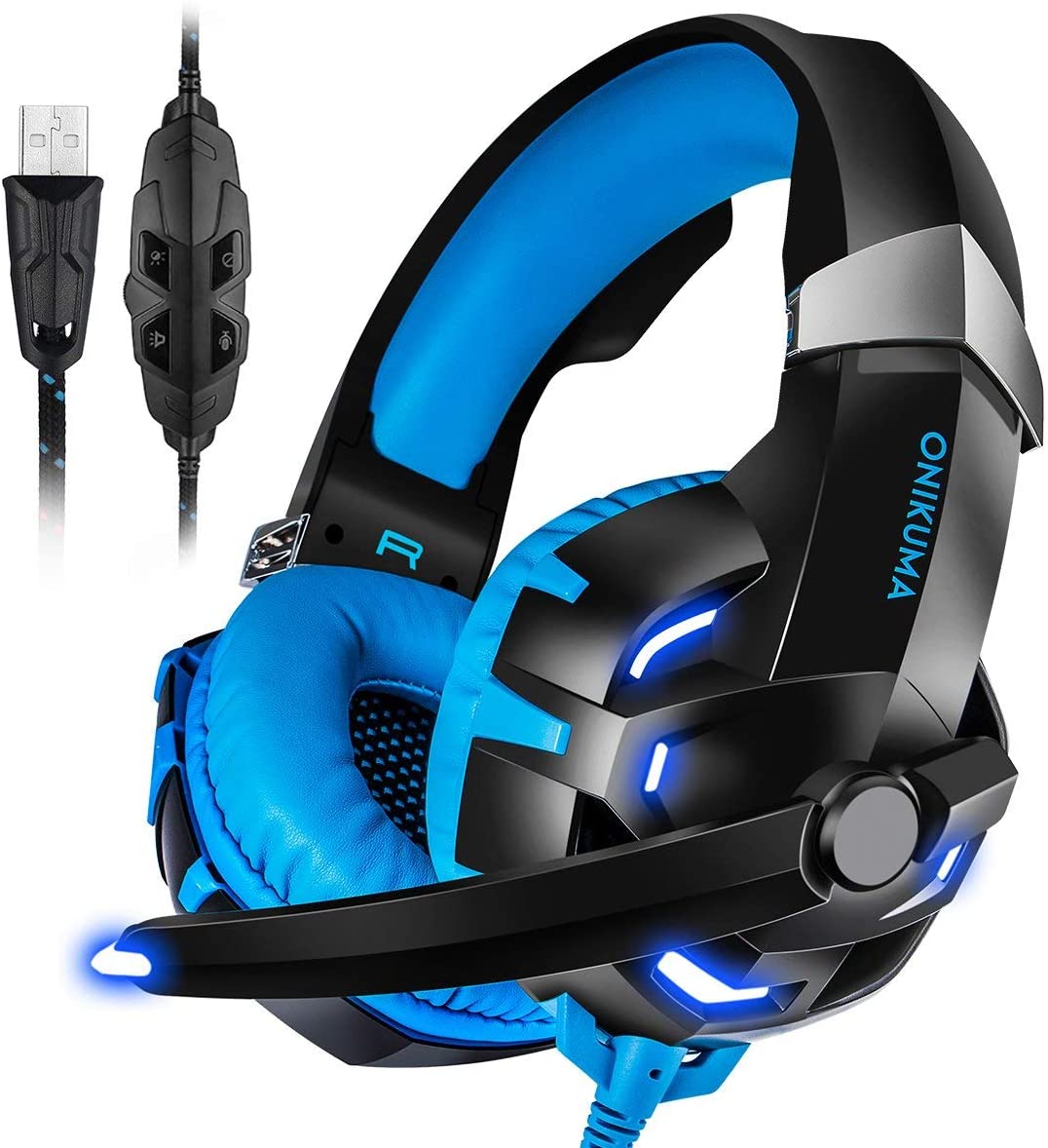 PC Gaming Headset ONIKUMA 7.1 Surround Sound USB Gaming Headset Crystal Clear Sound with Noise Isolating Mic Over-ear Deep Bass Volume Control LED Light for PC Mac Computer Gamers Laptop (Blue) 