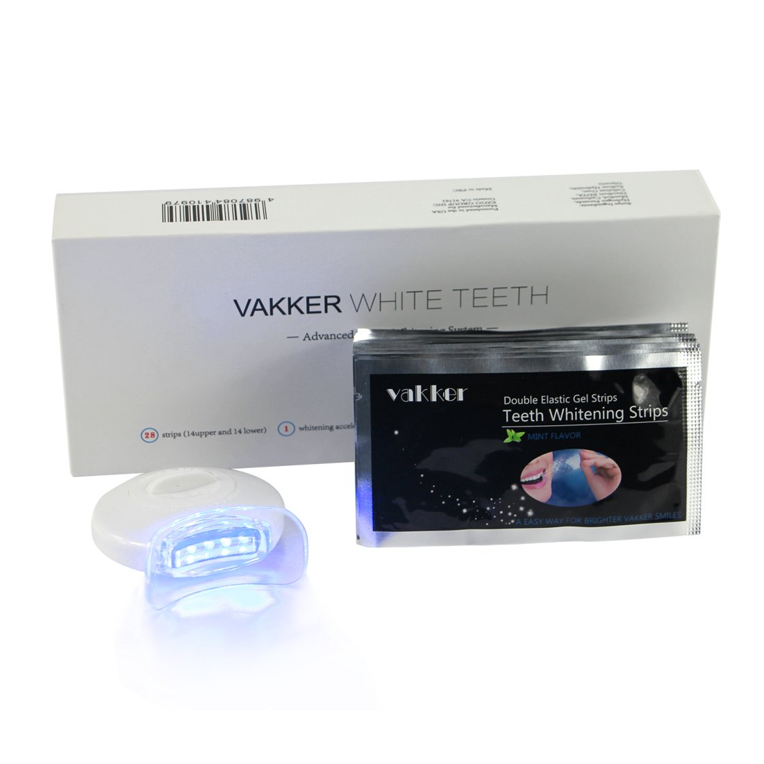 Vakker Teeth Whitening Strips System, 8% HP Professional Strength, Accelerator LED Light, 14 Pcs 28 Treatment, Bonus Teeth Whitening Shade Guide 