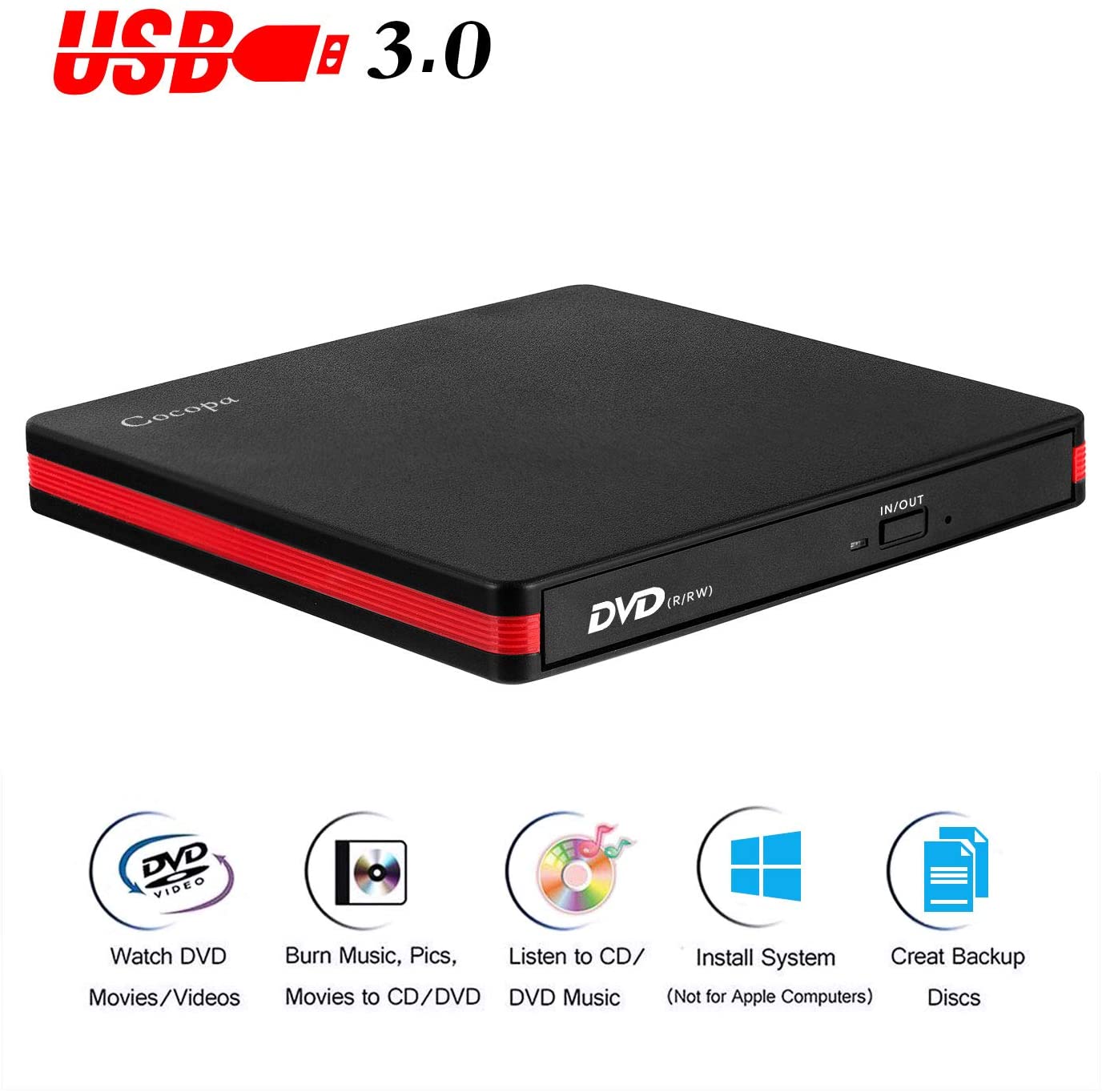 Cocopa External CD DVD Drive USB 3.0 Portable CD DVD +/-RW Drive