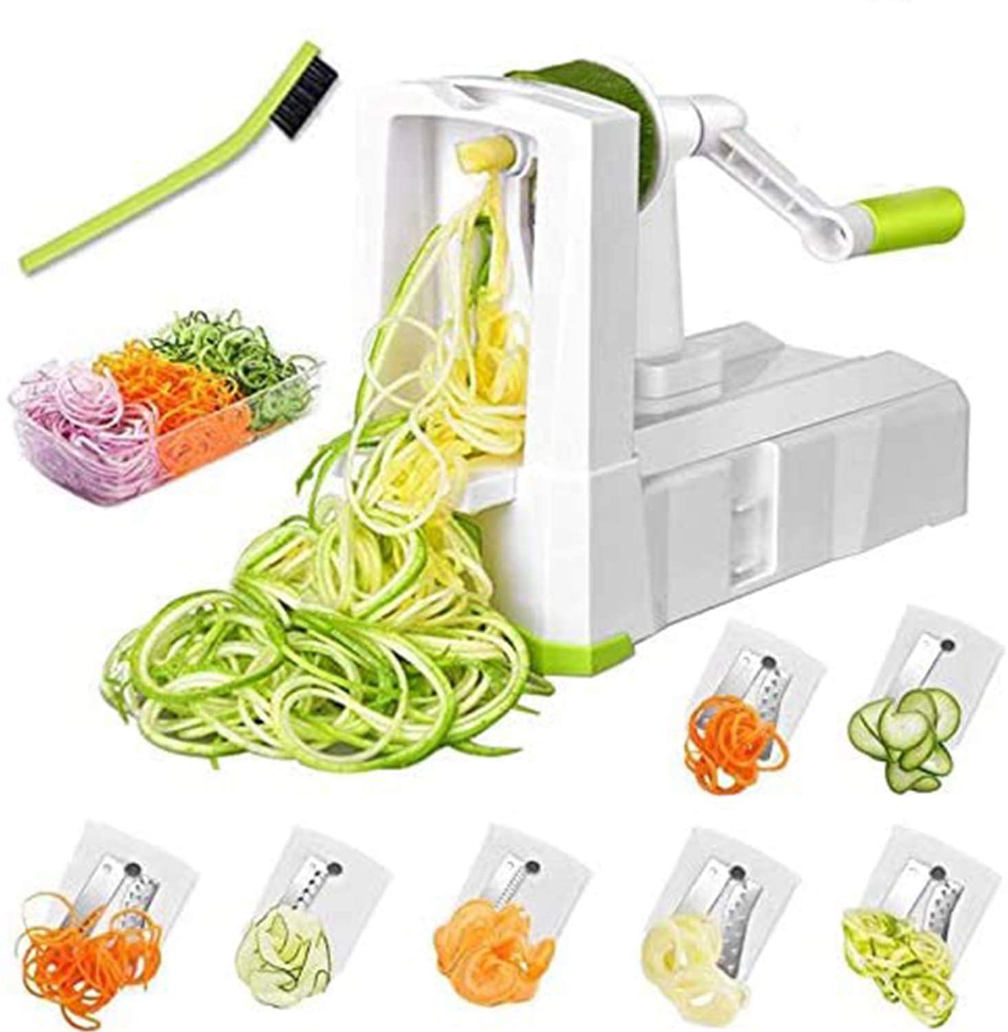 7-Blade Spiralizer Vegetable Slicer, Vegetable Spiralizer Chopper Plus Free Brash&Container &Lid with 7/420-grade Blade, Powerful Anti-Slip Sucker Spiral Slicer for Zucchini Noodles&Veggie Pasta Maker