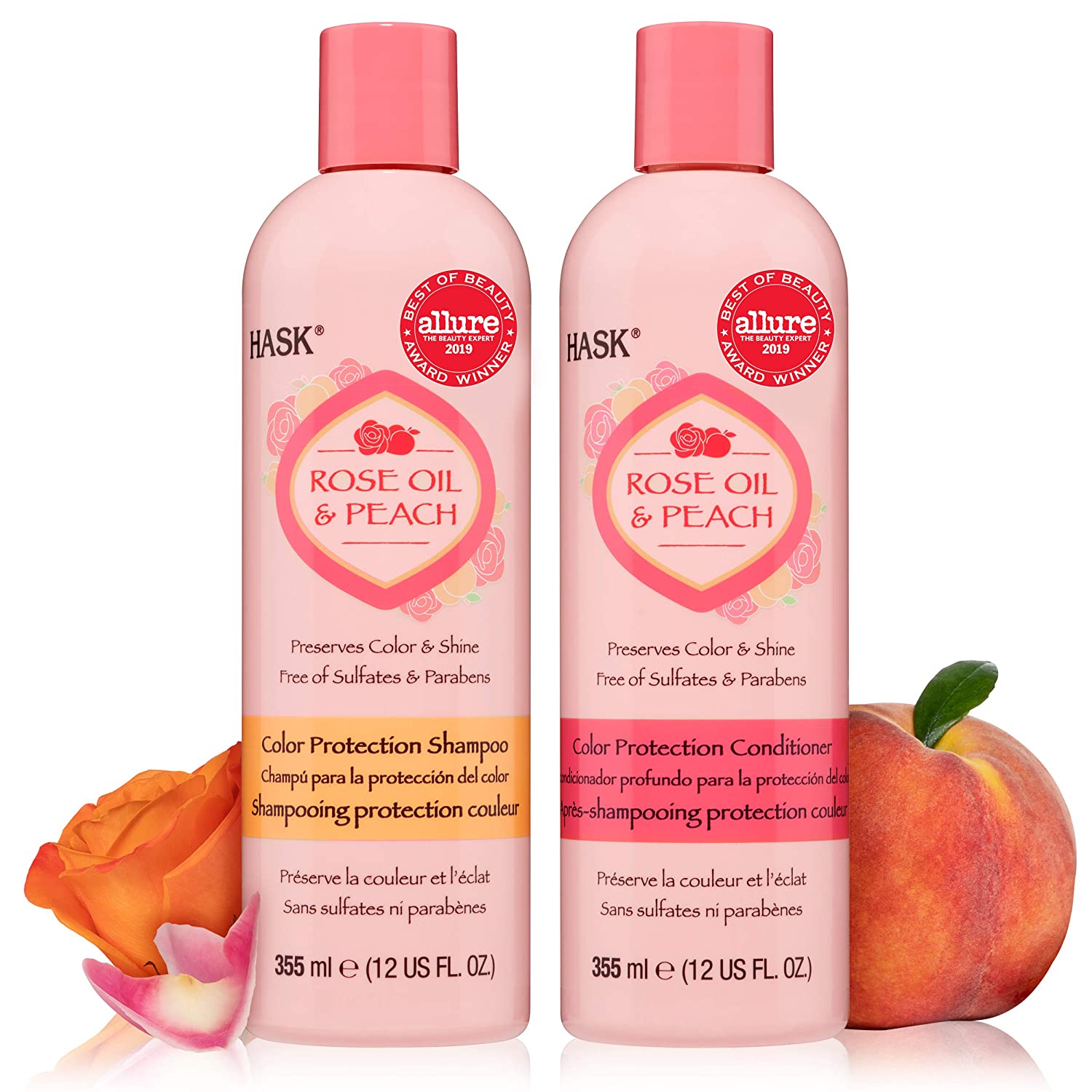 HASK ROSE OIL + PEACH Shampoo and Conditioner Set Color Protecting - Color safe, gluten-free, sulfate-free, paraben-free Allure Best of Beauty Award Winner- 1 Shampoo + 1 Conditioner 