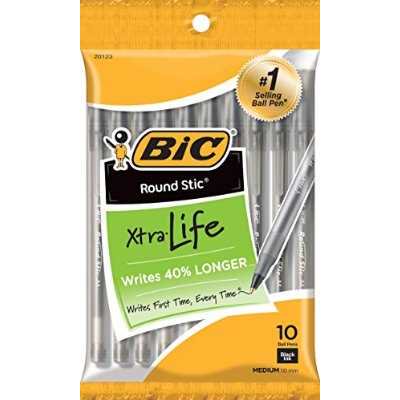 BIC Round Stic Xtra Life Ballpoint Pen, Medium Point (1.0mm), Black, 10 Count