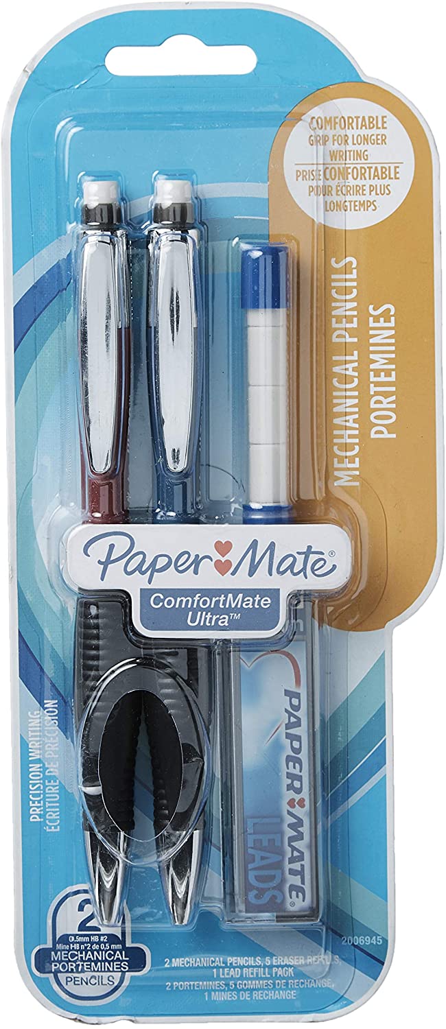 Paper Mate Comfort Mate Ultra Mechanical Pencil Set, 0.5mm, HB #2, Assorted Colors, with lead and eraser, 4 Count