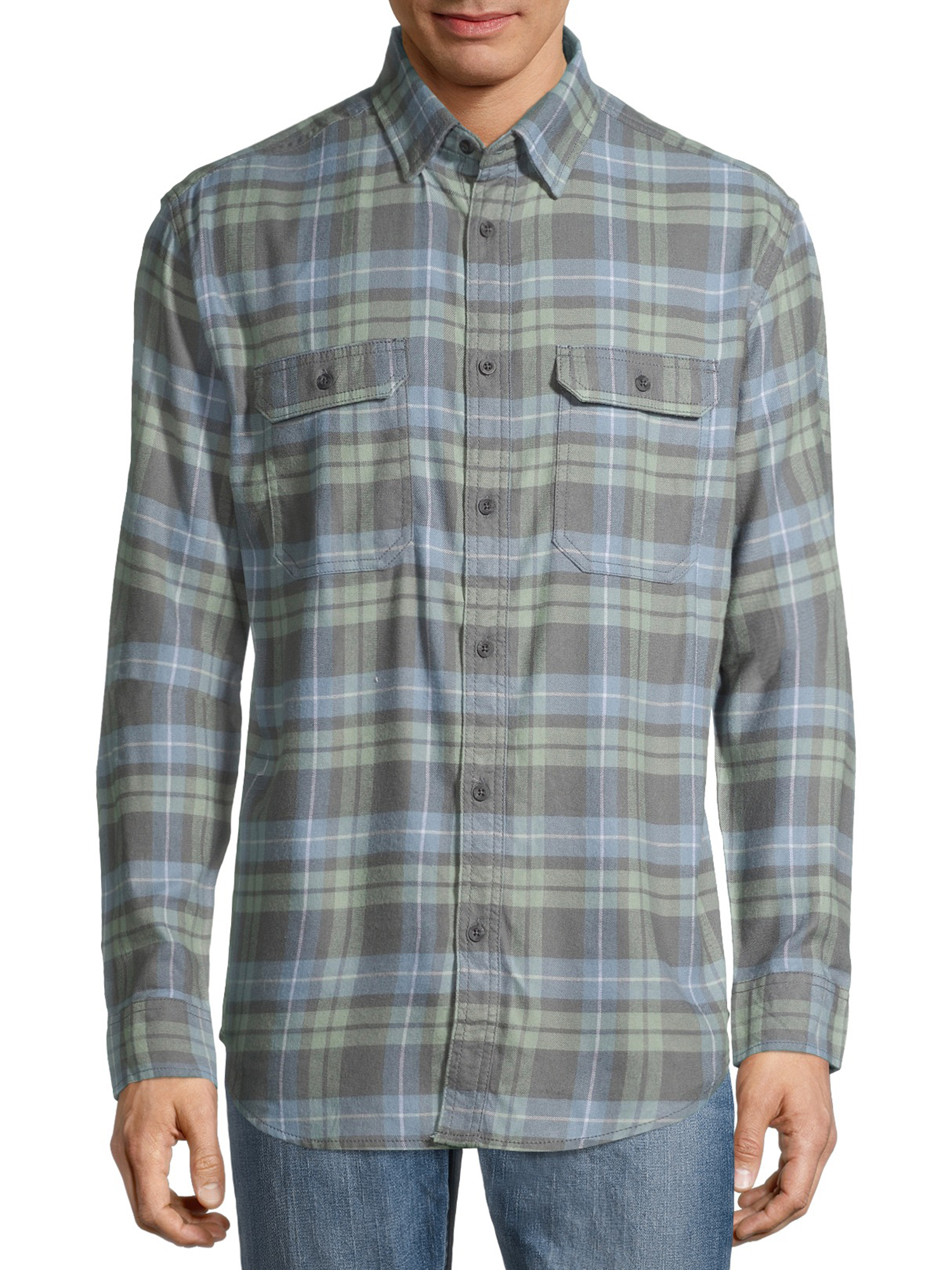 George Men's and Big Men's Super Soft Flannel Shirt Grey Green Plaid (Size 2XL 50-52)