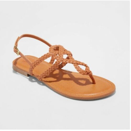 Universal Thread Women's Jana Braided Wide Width Thong Ankle Strap Sandal (Cognac, Size 5 1/2)