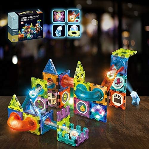 Fahaxiki Magnetic Tiles, 75 PCS Pipe Magnetic Building Blocks Set, with Projection Lamps and Luminous Balls,Suitable for Kids STEM Educational Toys Over Three Years Old, Magnetic Toys 