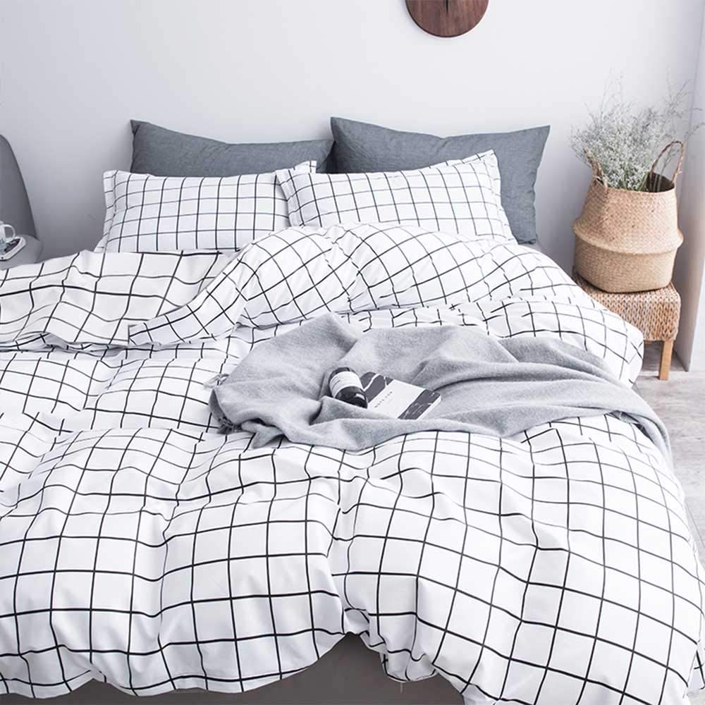 Nanko Queen Duvet Cover Set Grid, 90x90 Soft Bedding Cover, Luxury Cool Lightweight Microfiber 3pc Set (1 Cover 2 Pillowcase) with Zip, Tie - Modern Style Bed Quilt Cover for Decor, Plaid White Full/Queen Size