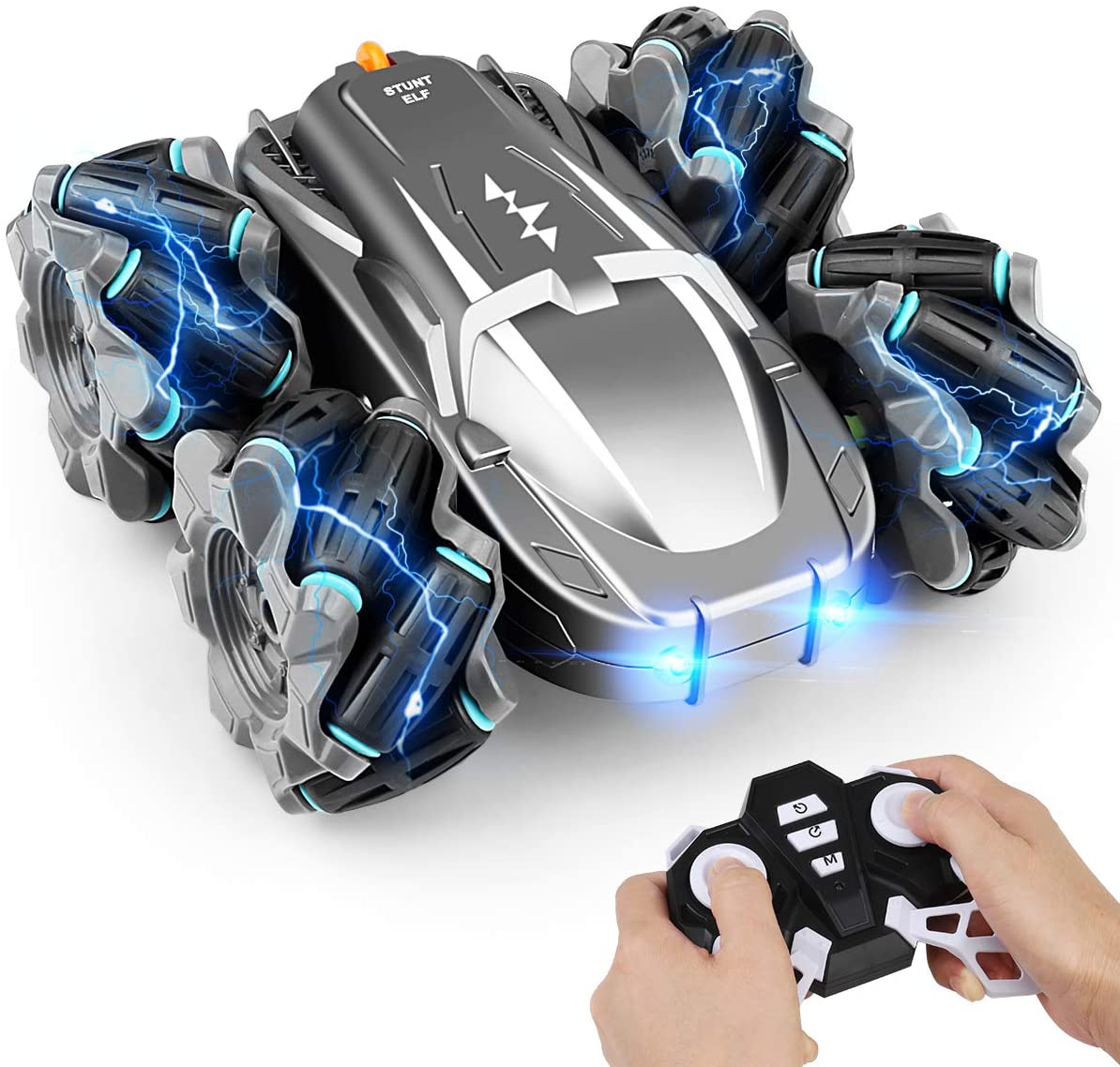 Stunt Elves Top Speed & Dazzling Remote Control Stunt Car Rechargeable RC Car, 360°Rotating Double Sided Flips 4WD Remote Control Car Electric Race Stunt Toy Car 2.4Ghz Off-Road Racing Vehicles for Kids Boys Girls Birthday 