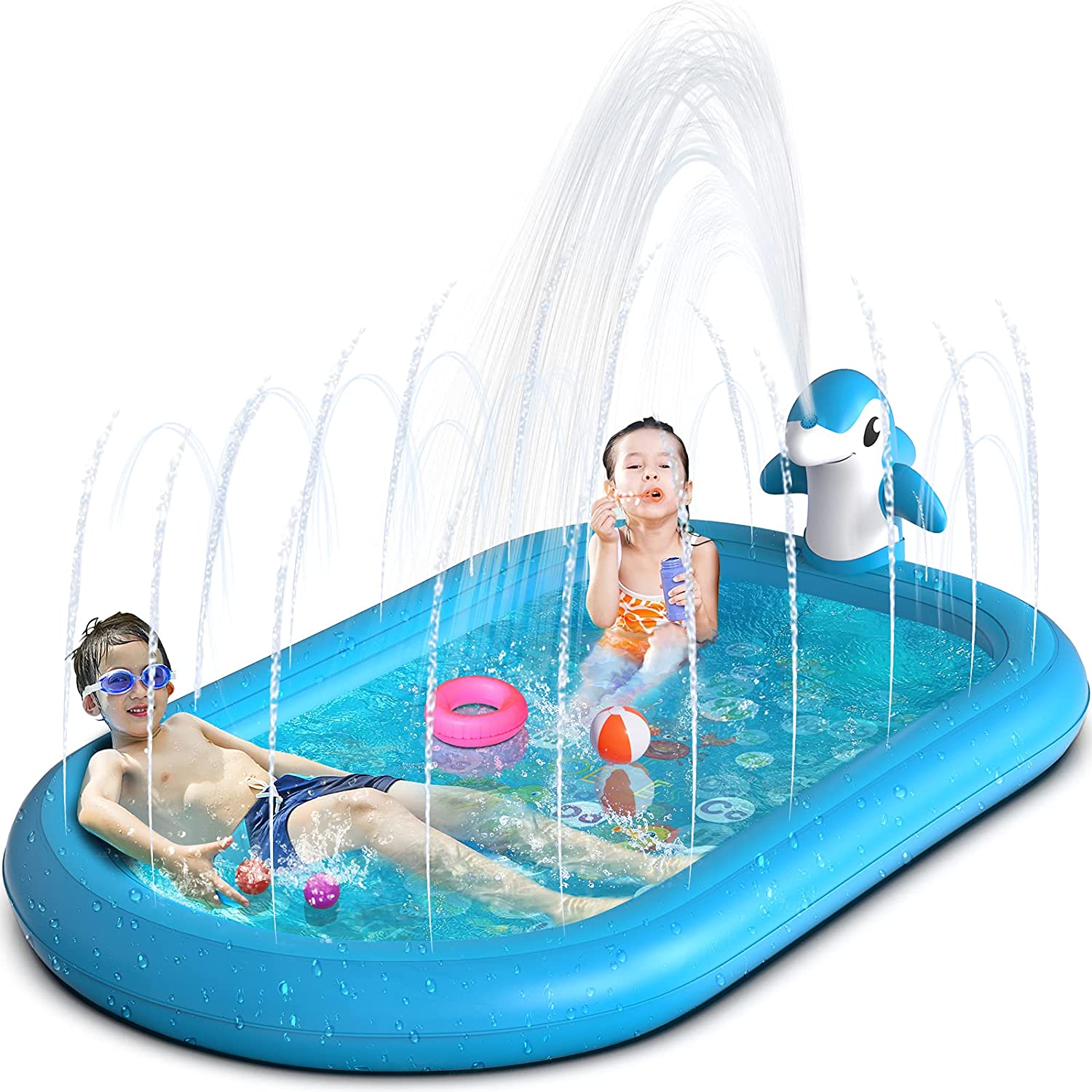 OEVES Inflatable Ksasmile Splash Pad Water Sprinkler Swimming Pool for Kids Toddlers Outdoor Play ,3-in-1 Upgraded Outside Water Toys for Baby ,Play Mat for 2 -12 Year Old Girls Boys,68x43in Wading Pool, Dolphin