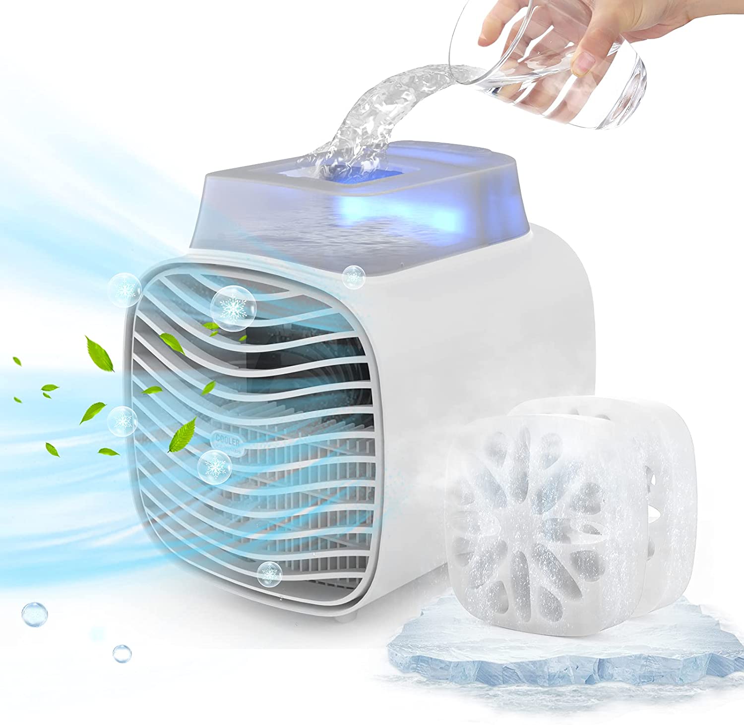 Portable Rechargeable Portable Air Conditioner - USB Led Light Portable AC Unit with 2 Ice Crystal Box & 465 ML Water Tank & 3 Wind Speeds Personal Air Conditioner for Home, Small Room, Office