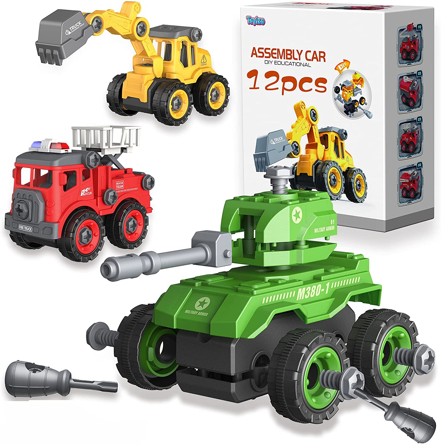  12Pack Truck Toys for 3 4 5 6 7 Year Old Boys, Take Apart Toys Construction Trucks, Kids STEM Construction Building Vehicle Playset W/ Screwdriver, Excavator Toy Cars Christmas Birthday Gifts Boys and Girls