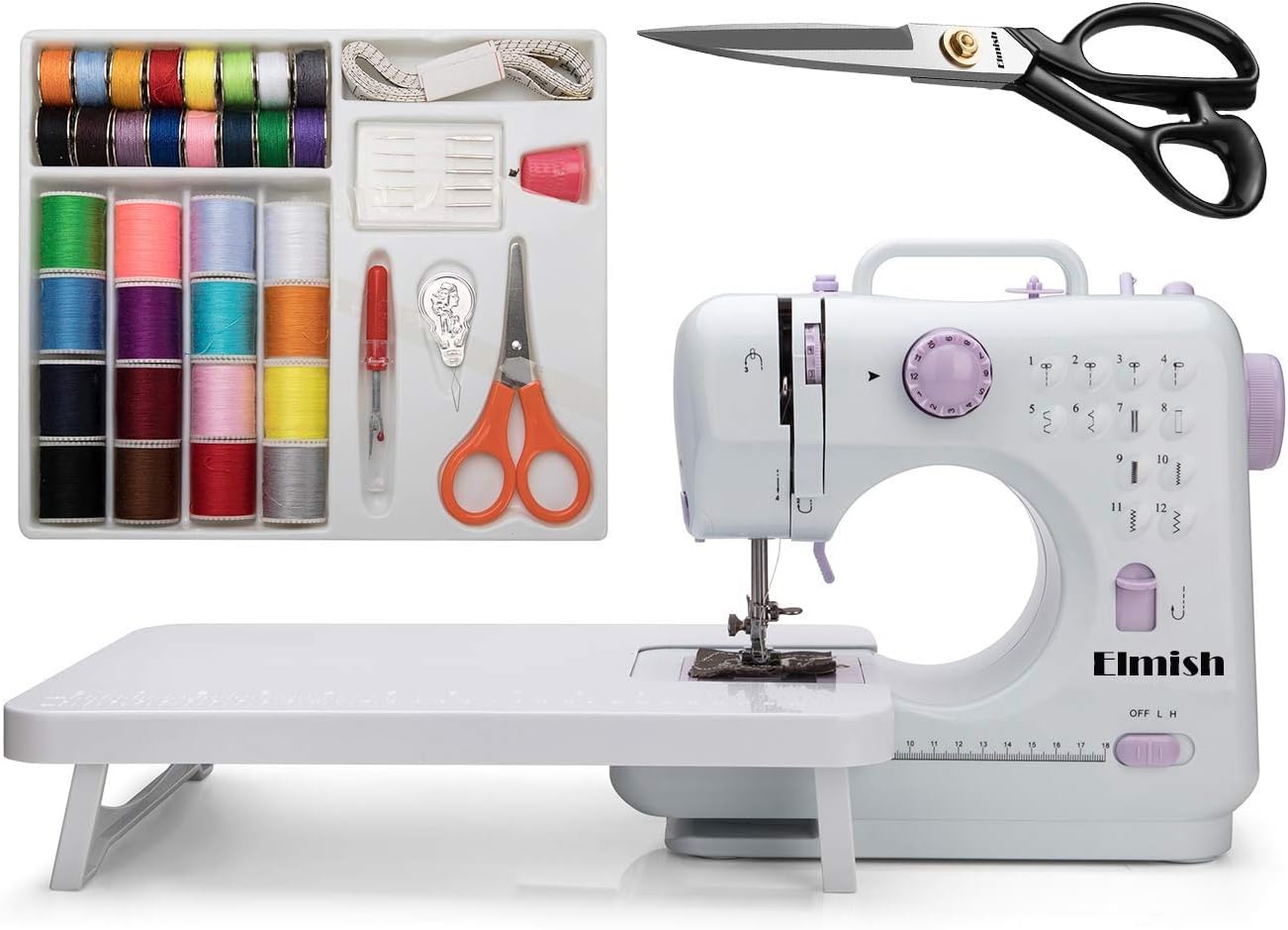 Elmish Sewing Machine (12 Stitches, 2 Speeds, Foot Pedal, LED Sewing Light) - Electric Overlock Sewing Machines - Small Household Sewing Handheld Tool EM-007-E 